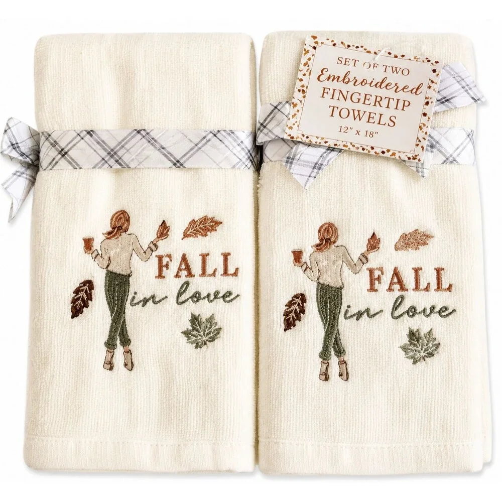 Thanksgiving Embroidered Fingertip Towels Fall in Love Ivory Leaves Set of 2
